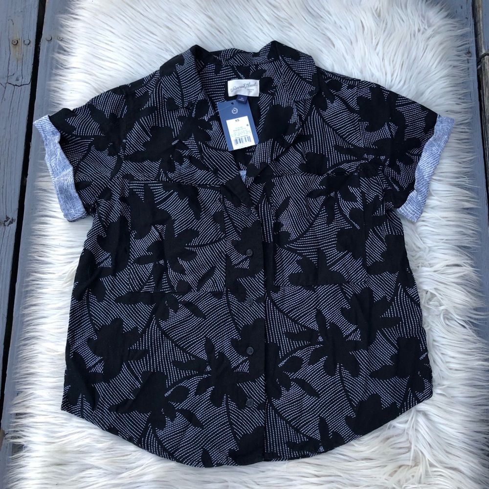 Universal Thread Linen Blend Floral Button-Up Oversized Black Grey Shirt XS/S
